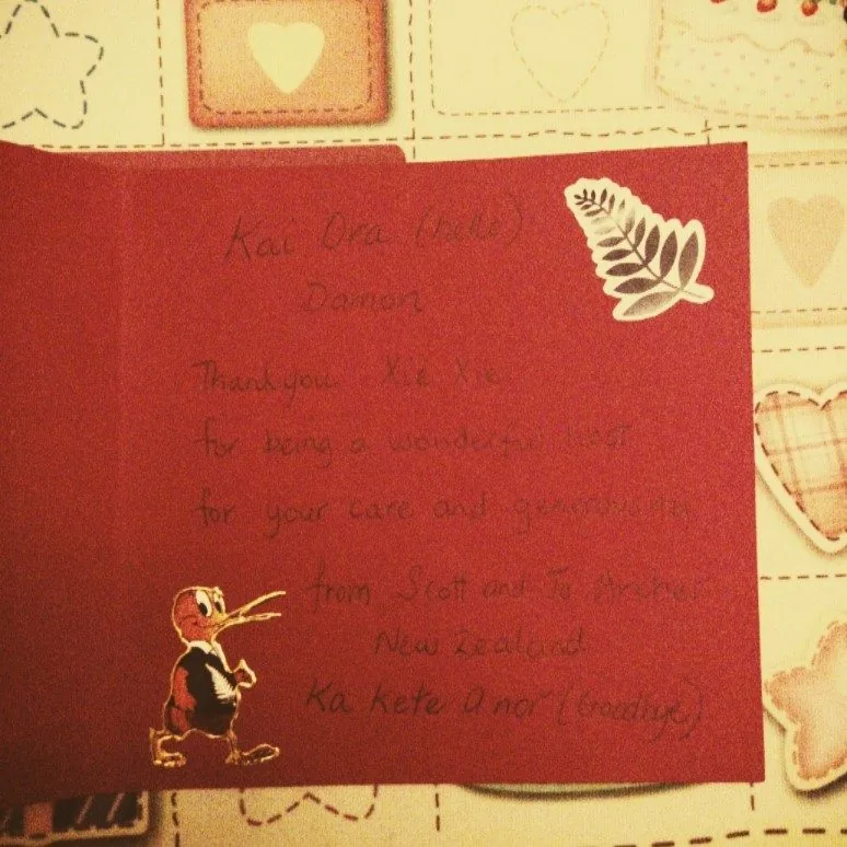 Handwritten thank-you card from Scott and Jo to Damon after the factory visit